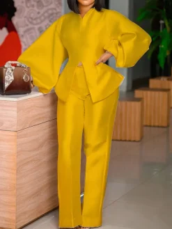 Puff Sleeve Slit Top Pants Set