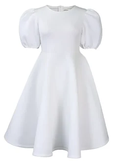 Puff Sleeve Solid Ruched Bodycon Midi Dress