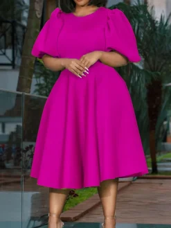 Puff Sleeve Solid Ruched Bodycon Midi Dress