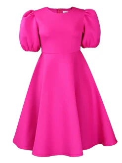 Puff Sleeve Solid Ruched Bodycon Midi Dress