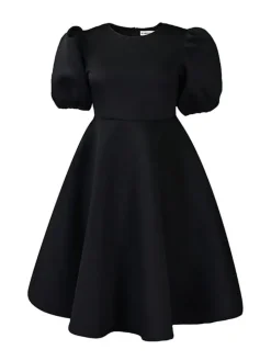 Puff Sleeve Solid Ruched Bodycon Midi Dress