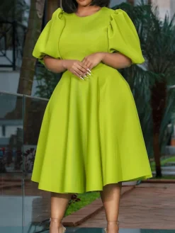 Puff Sleeve Solid Ruched Bodycon Midi Dress