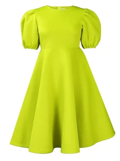 Puff Sleeve Solid Ruched Bodycon Midi Dress