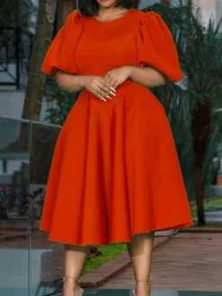 Puff Sleeve Solid Ruched Bodycon Midi Dress