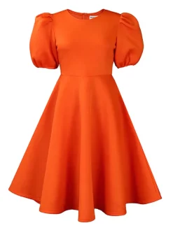 Puff Sleeve Solid Ruched Bodycon Midi Dress