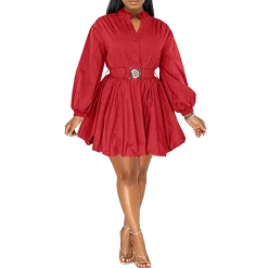 Puffy Long Sleeve Button Down Shirt Dress