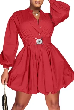 Puffy Long Sleeve Button Down Shirt Dress