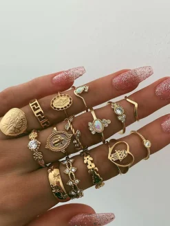 Retro Geometric Cross Gold Coin Rings