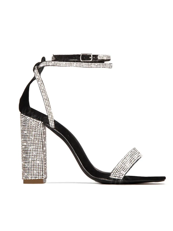 Rhinestone Ankle Strap Block Heel Sandals