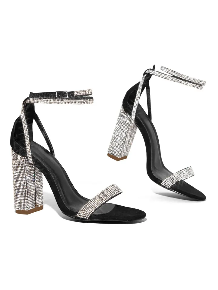 Rhinestone Ankle Strap Block Heel Sandals