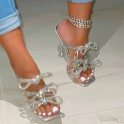 Rhinestone Bow Square Toe High Heel Slide