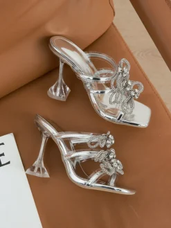 Rhinestone Bow Square Toe High Heel Slide