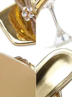 Rhinestone Bow Square Toe High Heel Slide