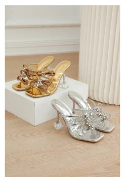 Rhinestone Bow Square Toe High Heel Slide