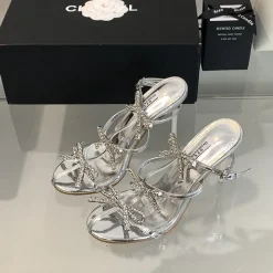 Rhinestone Bow Square Toe High Heel Slide