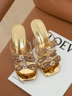 Rhinestone Bow Square Toe High Heel Slide