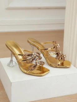 Rhinestone Bow Square Toe High Heel Slide