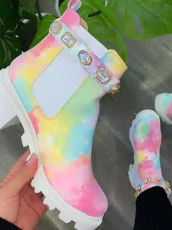 Rhinestone Buckle Platform Chelsea Ankle Boots