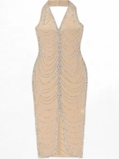 Rhinestone Halter Neck Mesh Dress