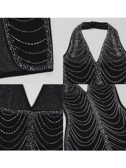 Rhinestone Halter Neck Mesh Dress