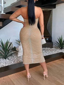 Rhinestone Halter Neck Mesh Dress