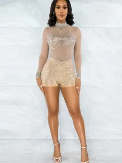 Rhinestone Long Sleeve Bodycon Jumpsuit