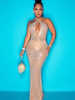 Rhinestone Mesh Backless Bodycon Maxi Dress