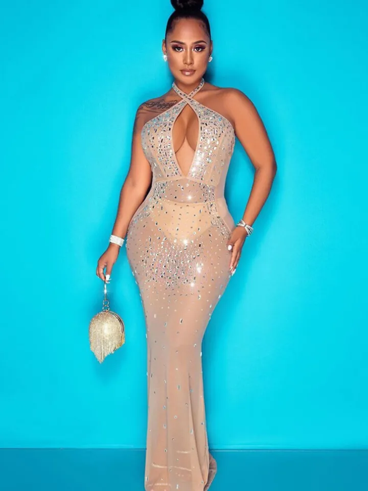 Rhinestone Mesh Backless Bodycon Maxi Dress