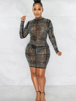 Rhinestone Mesh Long Sleeve Bodycon Mini Dress