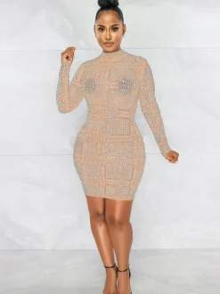 Rhinestone Mesh Long Sleeve Bodycon Mini Dress