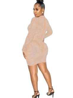 Rhinestone Mesh Long Sleeve Bodycon Mini Dress