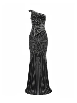 Rhinestone One-Shoulder Maxi Dress