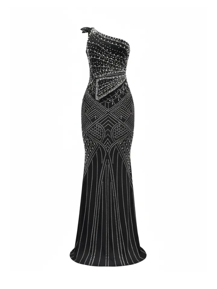 Rhinestone One-Shoulder Maxi Dress