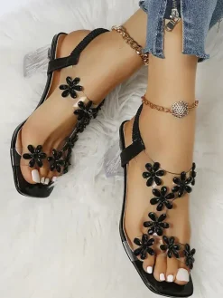 Rhinestone Patchwork Chunky Open Toe Heel
