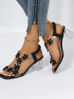 Rhinestone Patchwork Chunky Open Toe Heel