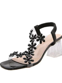 Rhinestone Patchwork Chunky Open Toe Heel