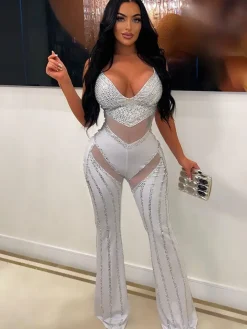 Rhinestone Spaghetti Strap Mesh Patchwork Jumpsuit