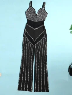 Rhinestone Spaghetti Strap Mesh Patchwork Jumpsuit