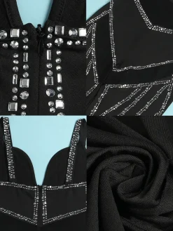 Rhinestone Spaghetti Strap Mesh Patchwork Jumpsuit