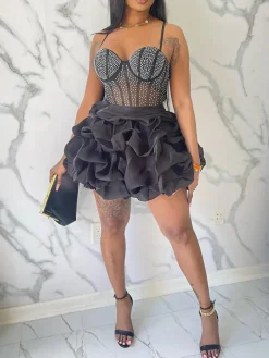 Rhinestone Spaghetti Strap Tulle Layered Dress