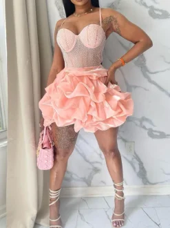 Rhinestone Spaghetti Strap Tulle Layered Dress