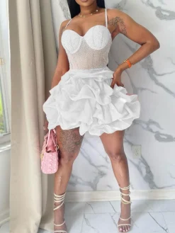 Rhinestone Spaghetti Strap Tulle Layered Dress