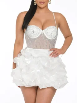 Rhinestone Spaghetti Strap Tulle Layered Dress