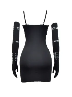 Rhinestone Spaghetti Strap Dress with Gloves