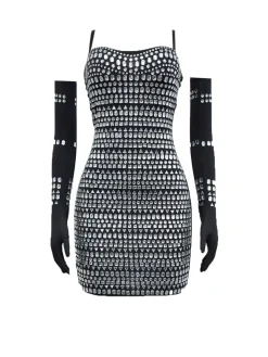 Rhinestone Spaghetti Strap Dress with Gloves