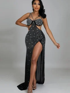 Rhinestone Spaghetti Strap High Split Maxi Dress