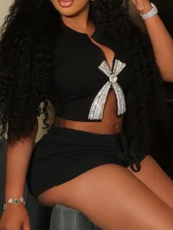 Rhinestone Split Hem Crop Top