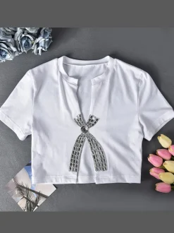 Rhinestone Split Hem Crop Top