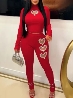 Rhinestone Two-Piece Heart Hollow-Out Pants Set