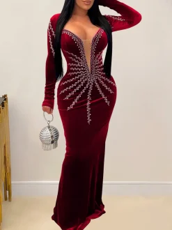 Rhinestone Velvet Mesh Maxi Dress
